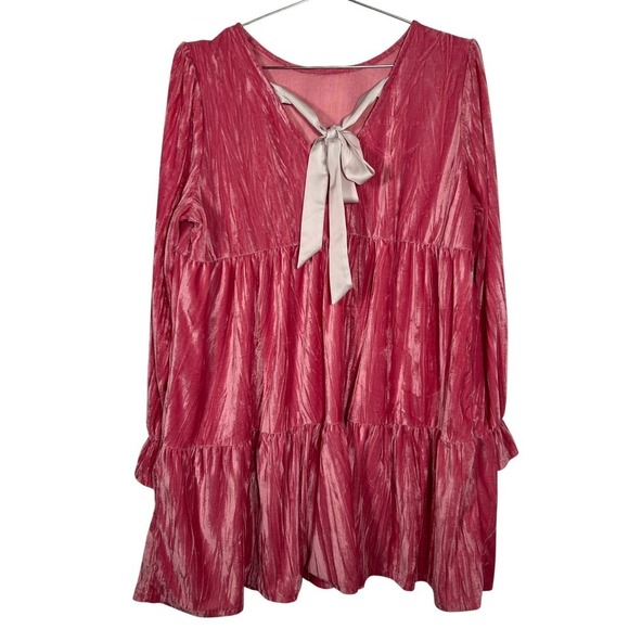 Unbranded Dresses & Skirts - Coquette Pink Crushed‎ Velvet Bow Sash Babydoll Mini Dress XL Long Sleeve